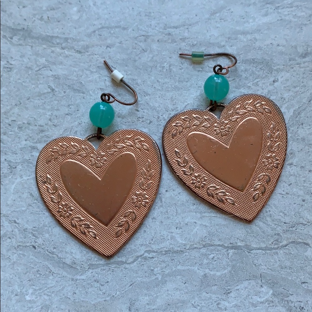 Copper-Ish heart earrings with aqua bead dangling